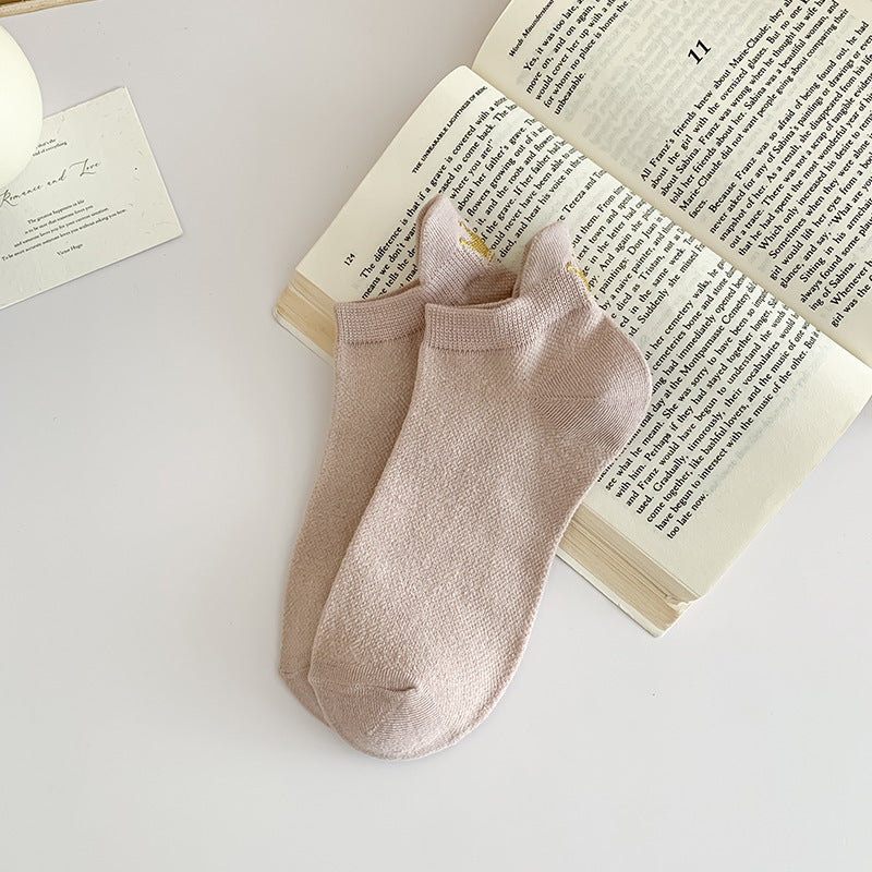 Embroidered Crown No-Show Socks | Breathable Summer Mesh Socks for Women