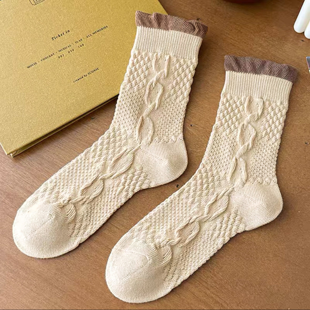 Cable Knit Crew Socks for Women | Breathable Ruffle Trim Cozy Socks