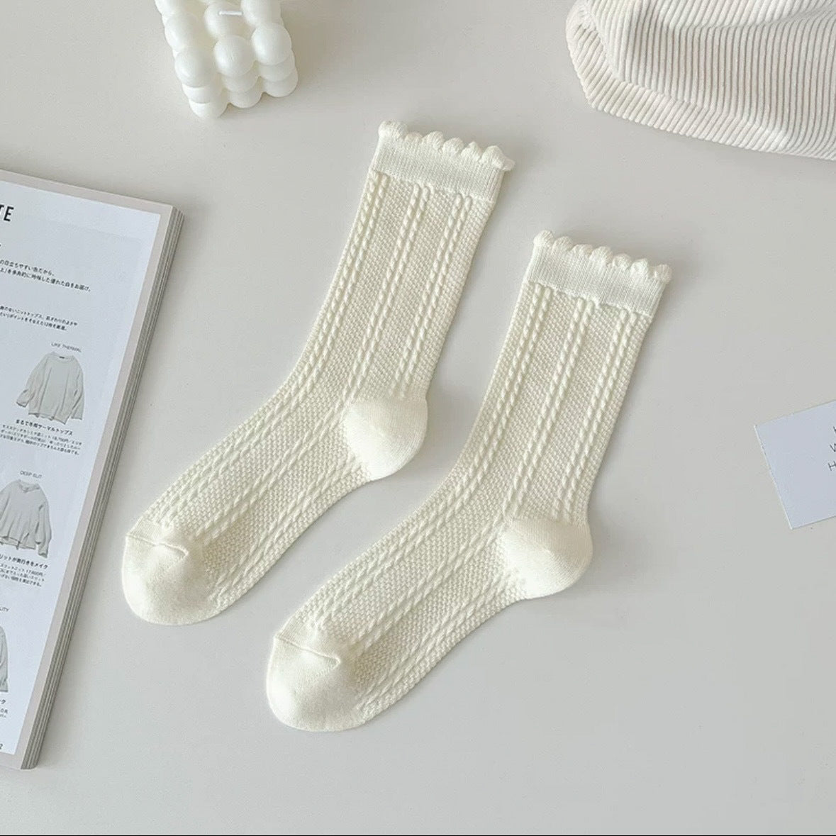 Cream Cotton Crew Socks for Women | Breathable Patterned Socks
