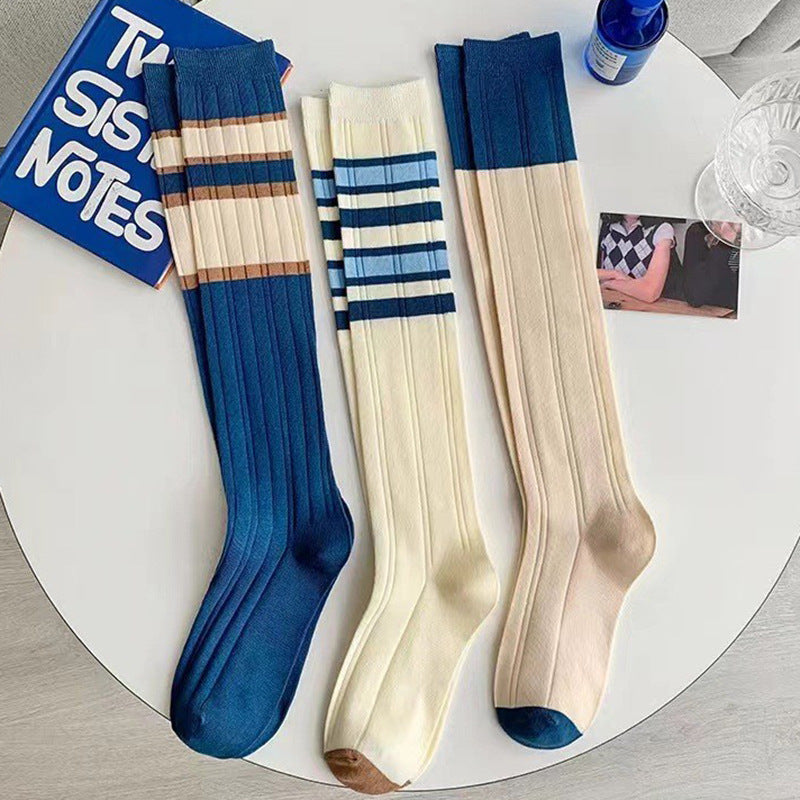Blue Striped Calf High Socks | Preppy JK Style Women's Socks