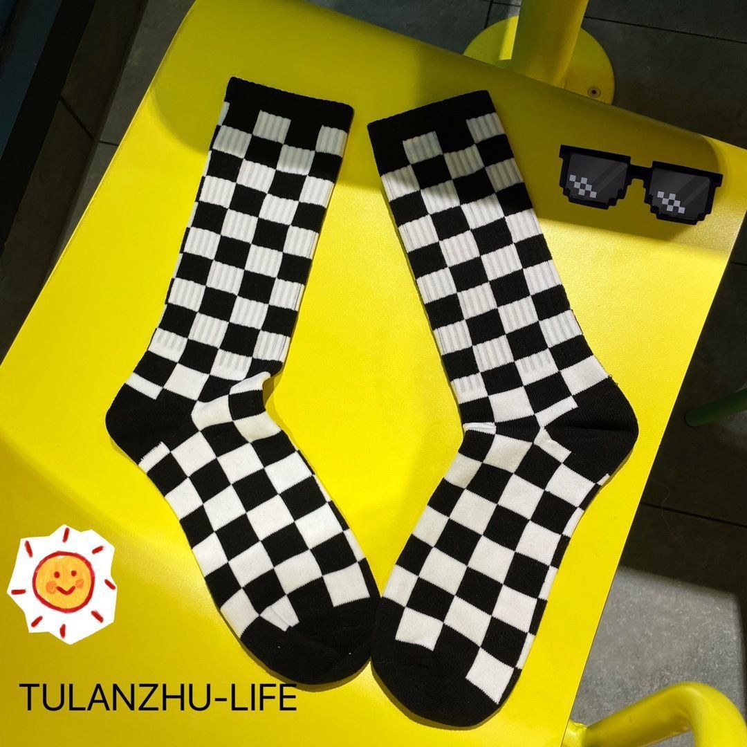 Trendy Checkered Unisex Crew Socks | Casual Breathable Cotton Socks