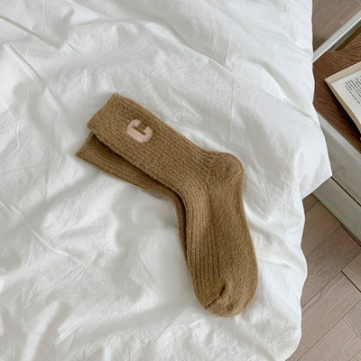 C-Logo Cotton Crew Socks for Women | Trendy Fall Winter Mid Calf