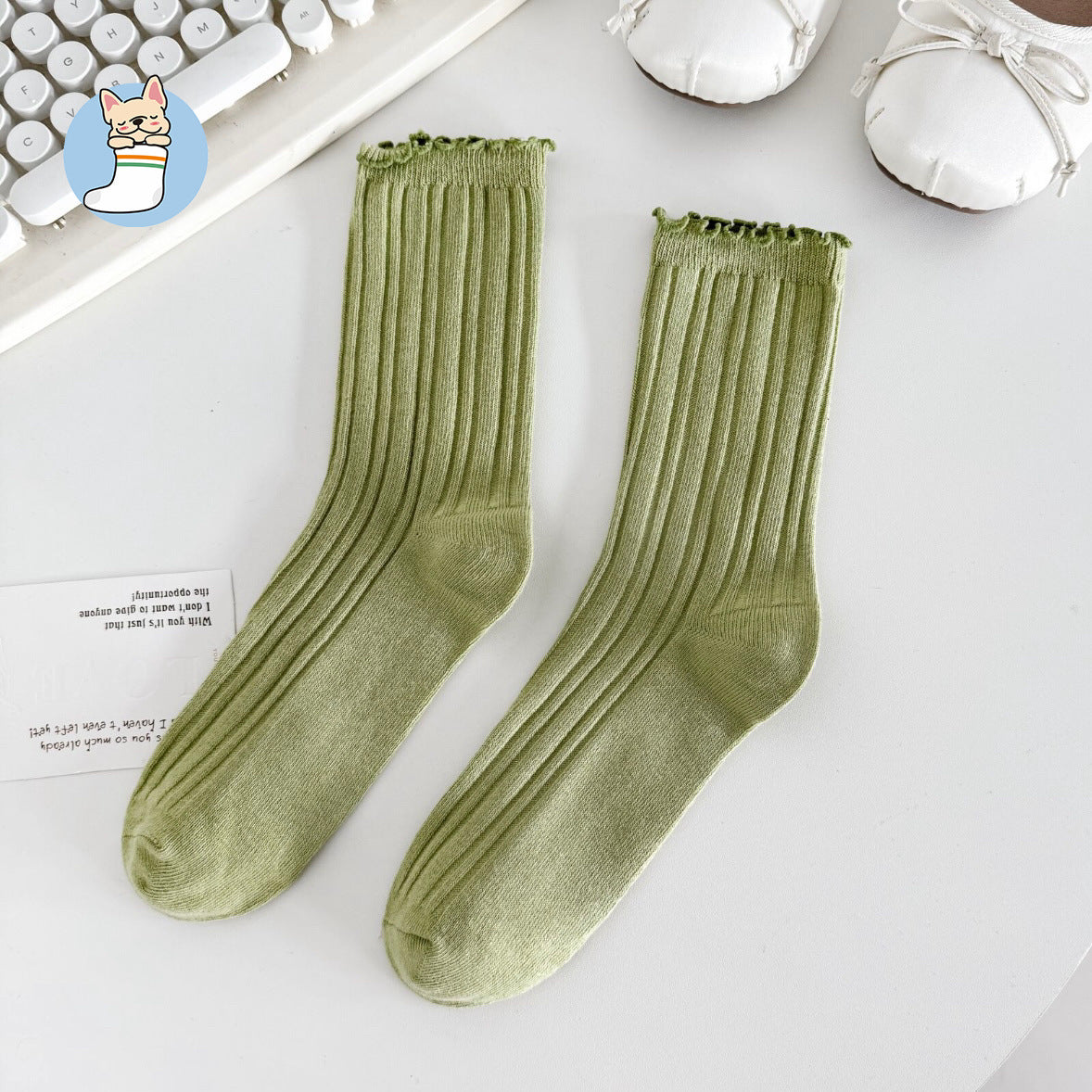 Ruffle Trim Solid Cotton Crew Socks for Women