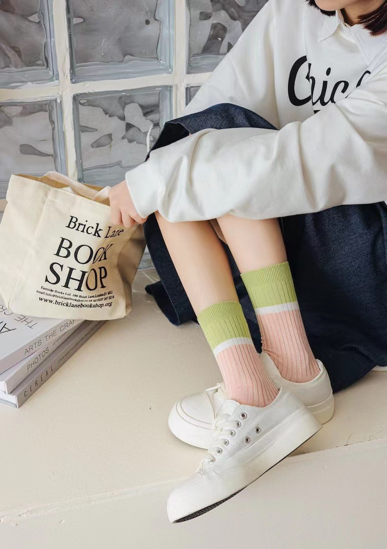 Cotton Crew Socks for Women | Preppy Pastel Embroidered Mid Calf
