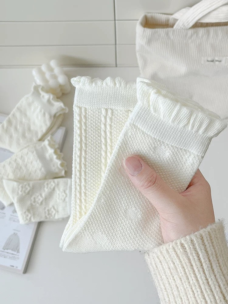 Cream Cotton Crew Socks for Women | Breathable Patterned Socks
