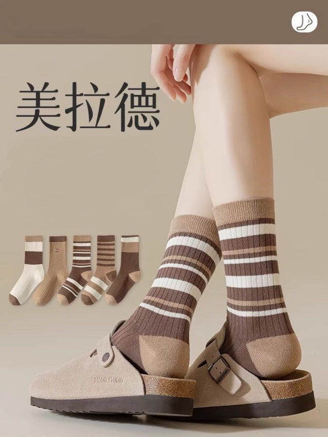 Women's Trendy Brown Crew Socks | Casual Fall Winter Mid-Calf