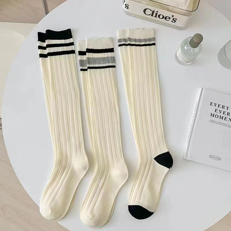 Striped Calf High Socks for Women | Cream Striped Casual Crew