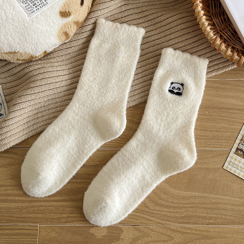 Fuzzy Warm Cozy Crew Socks | Cute Embroidered Winter Lounge Socks