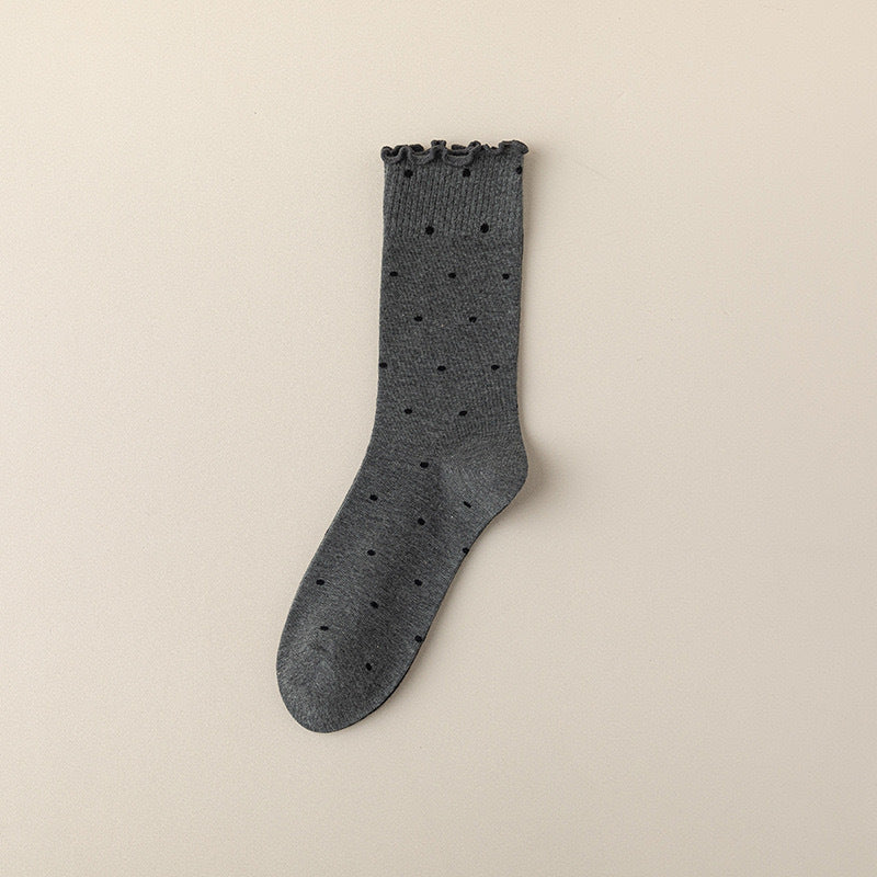 Ruffled Polka Dot Cotton Crew Socks for Women