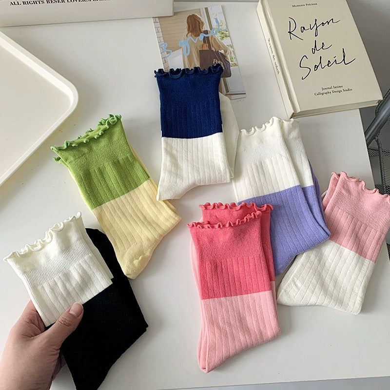 Cute Colorblock Ruffled Cotton Crew Socks for Women