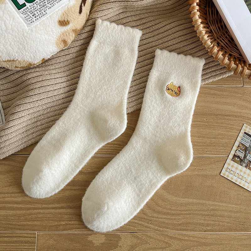 Fuzzy Warm Cozy Crew Socks | Cute Embroidered Winter Lounge Socks