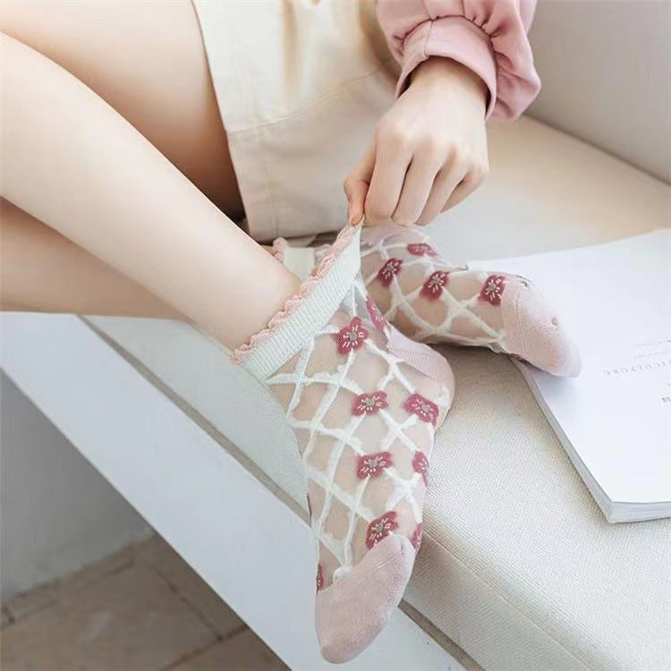 Sheer Floral Ankle Socks for Women | Breathable Thin Summer Socks