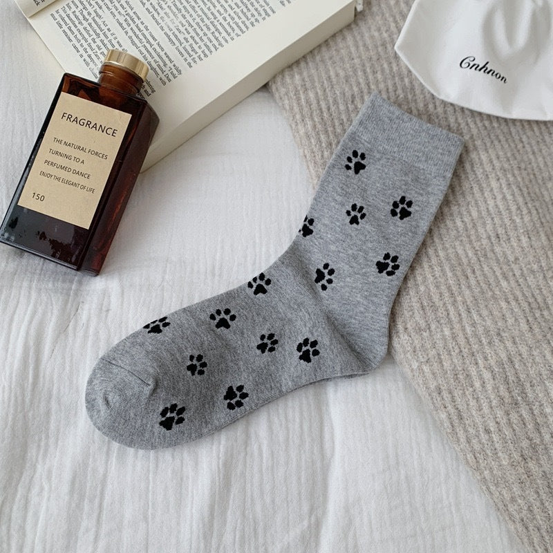 Playful Cat Paw Cotton Crew Socks for Women | Casual Patterned