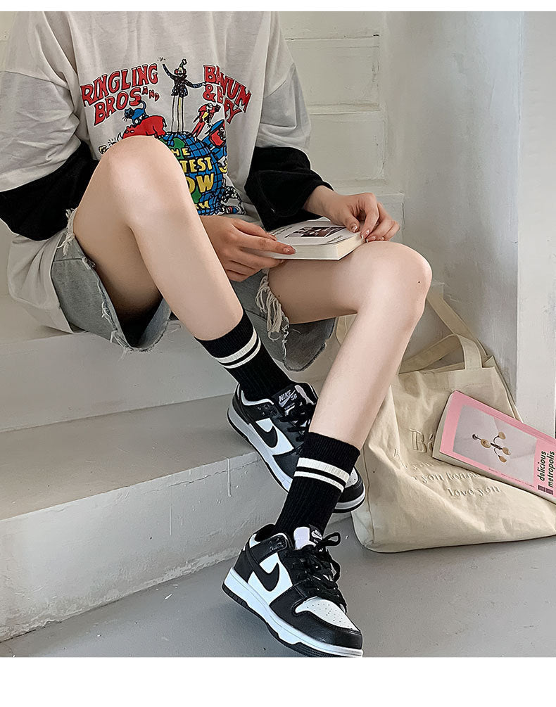 Breathable Striped Crew Socks for Women | Black White Trendy Casual Socks