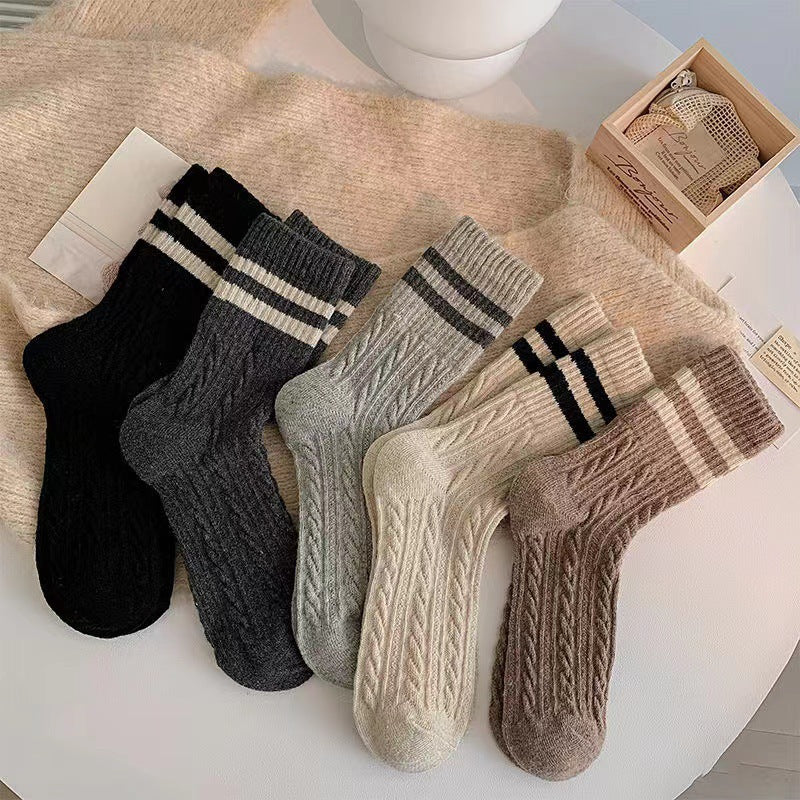Cable Knit Two-Stripe Cozy Crew Socks for Women