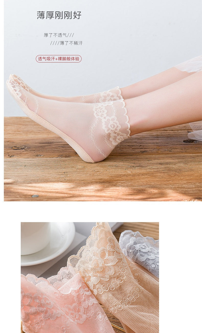 Lace Trim Sheer Ankle Socks for Women | Cotton Sole Thin Summer Socks