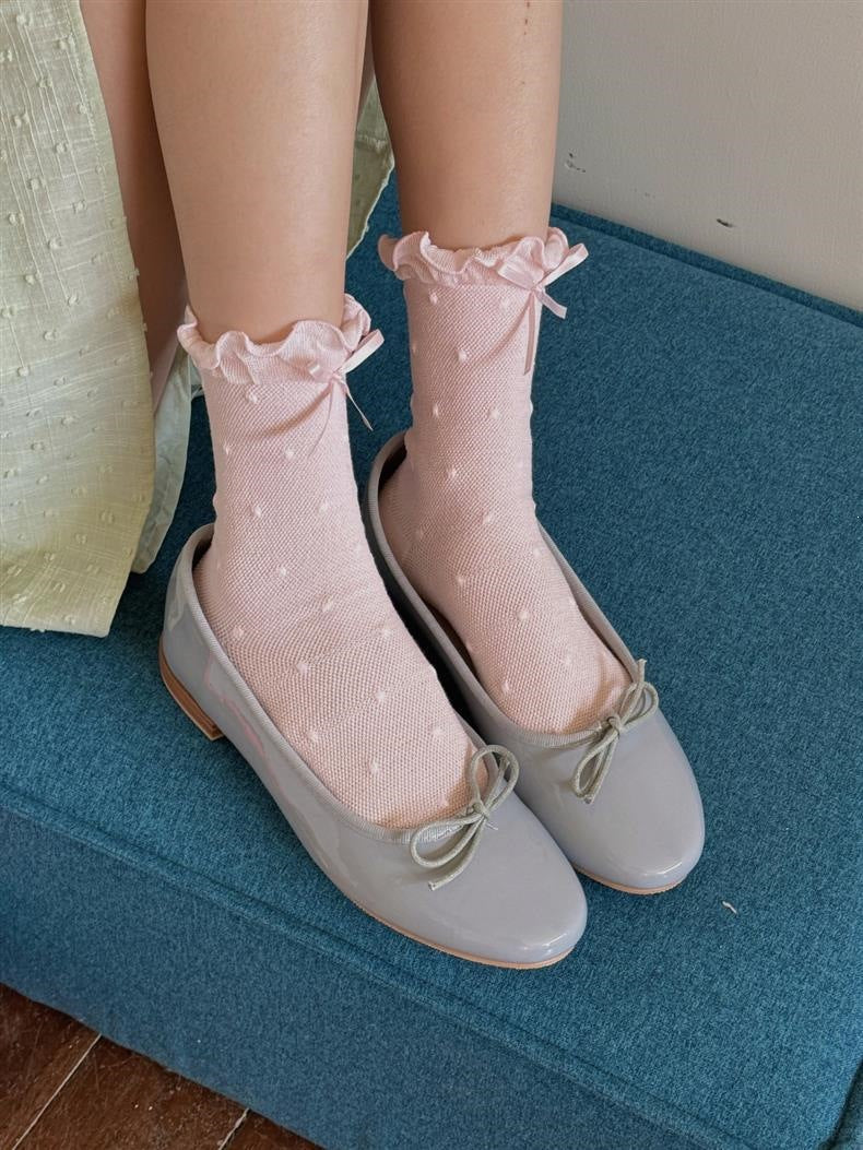 Ruffled Polka Dot Crew Socks for Women | Breathable Bow Socks