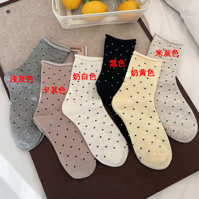 Polka Dot Cotton Crew Socks | Women's Rolled Edge Mid Calf Socks
