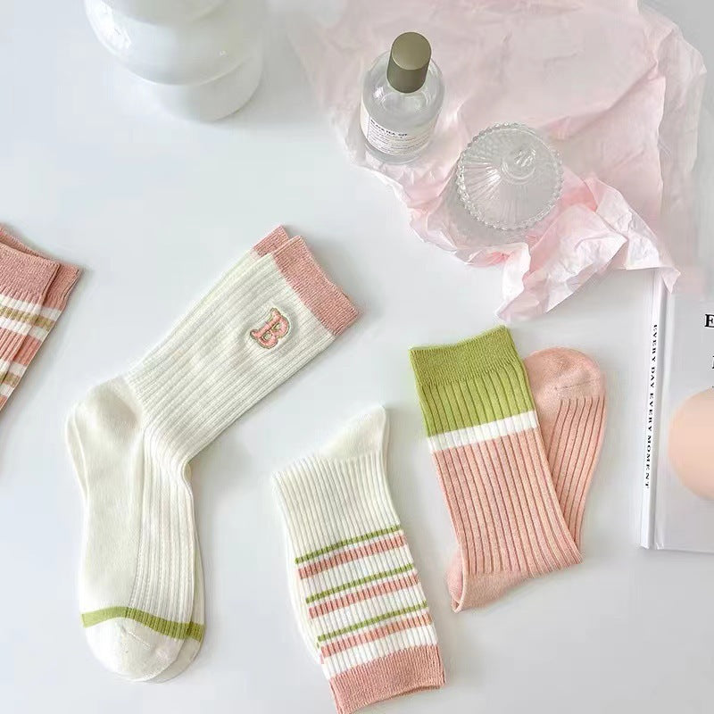 Cotton Crew Socks for Women | Preppy Pastel Embroidered Mid Calf