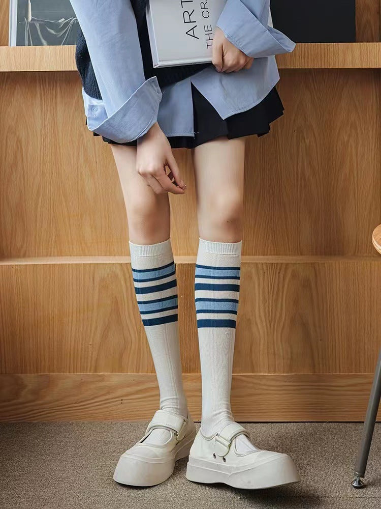 Blue Striped Calf High Socks | Preppy JK Style Women's Socks