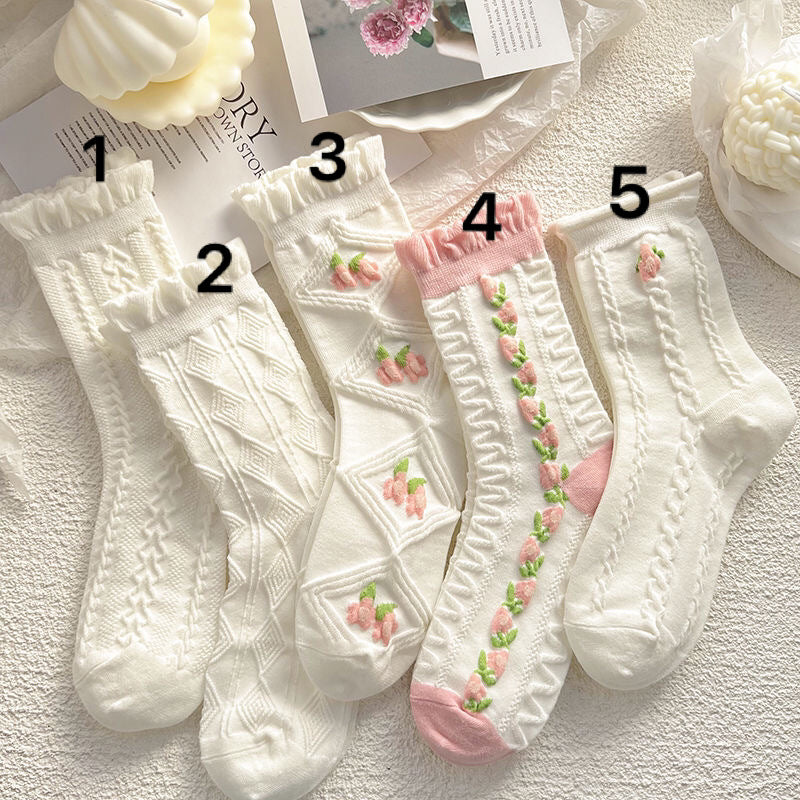Women's Ruffled Floral Crew Socks | Thin Cotton Spring Summer Socks