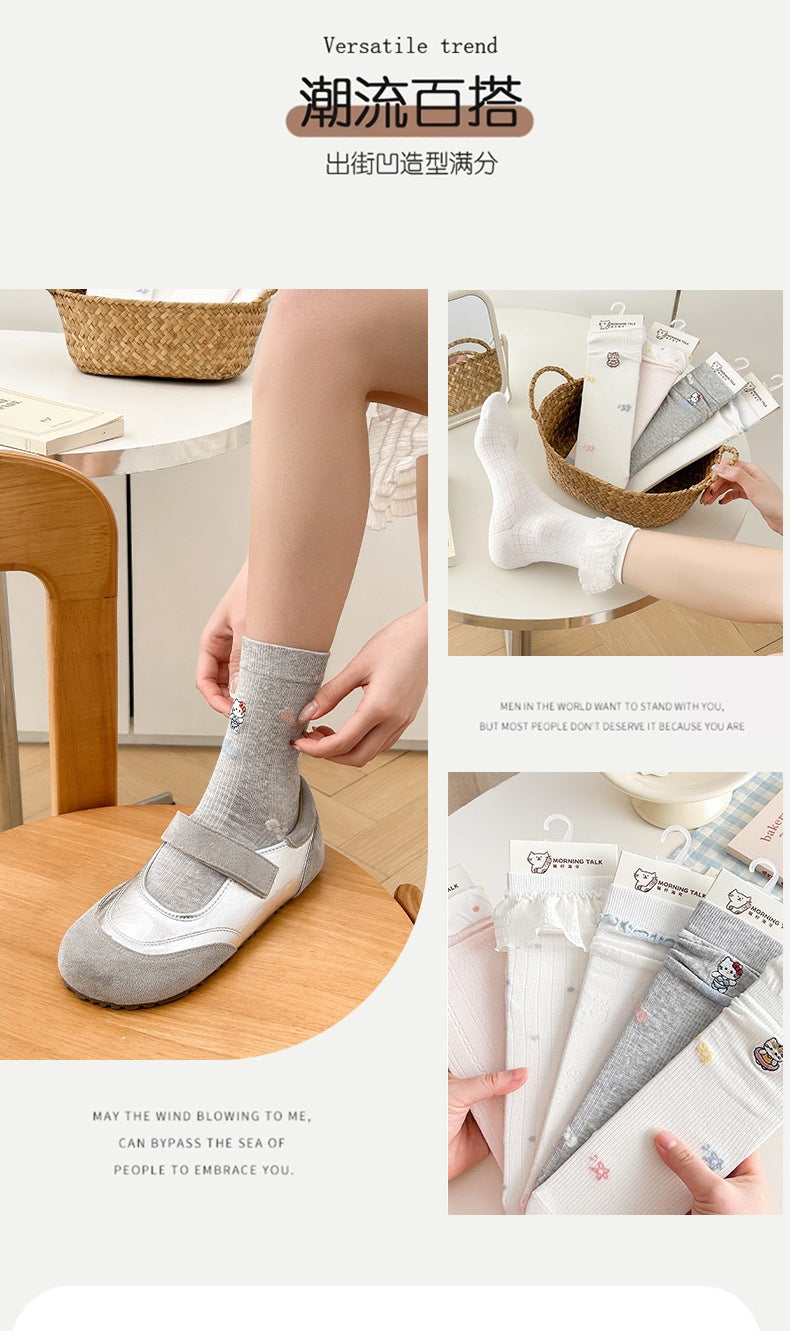 Cute Embroidered Cat Cotton Crew Socks for Women
