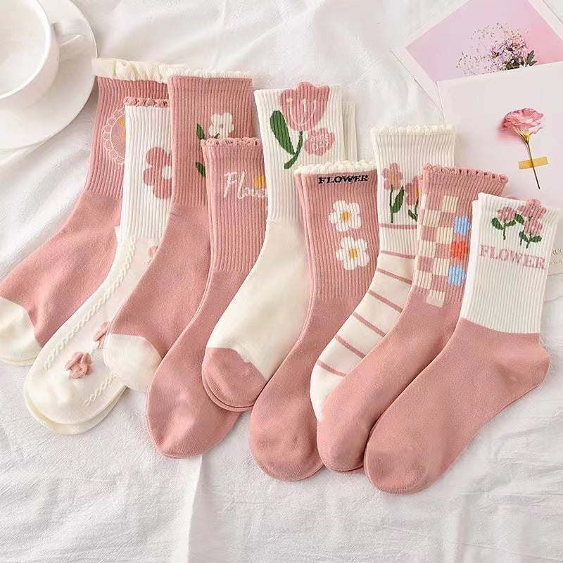 Cute Pink Floral Crew Socks for Women | Soft Cotton Patterned Socks