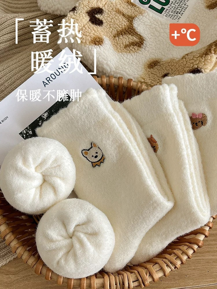 Fuzzy Warm Cozy Crew Socks | Cute Embroidered Winter Lounge Socks