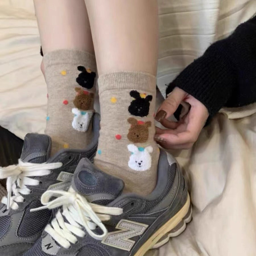 Cute Cotton Polka Dot Bear Crew Socks for Women