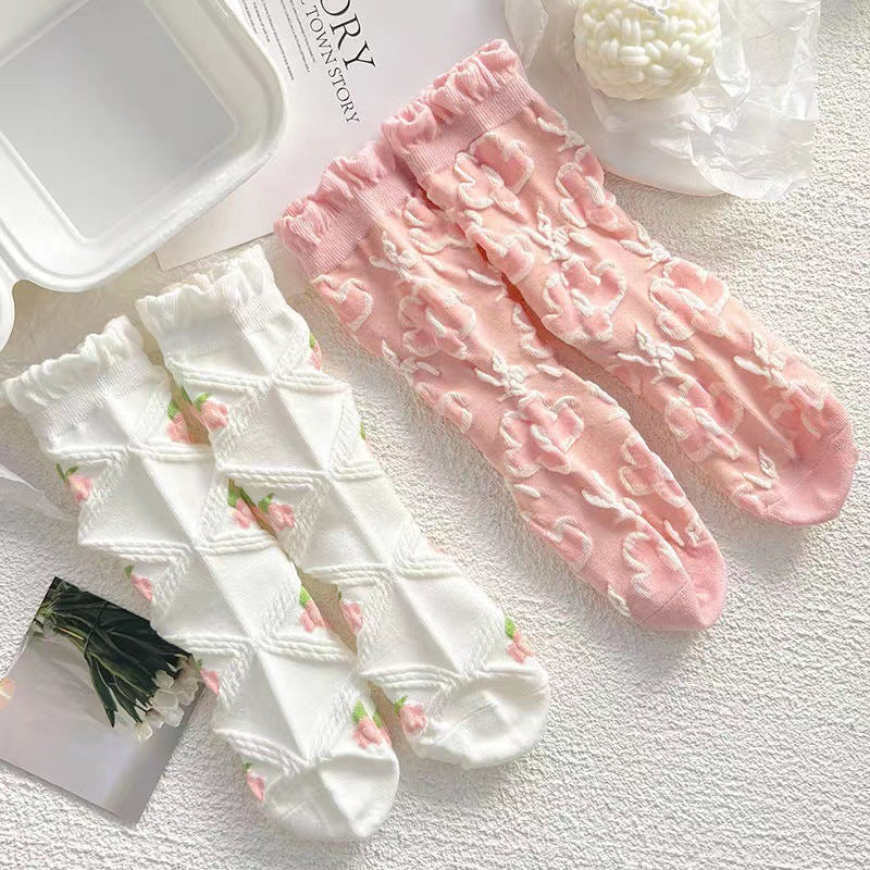 White Ruffle Floral Crew Socks for Women | Cotton JK Style