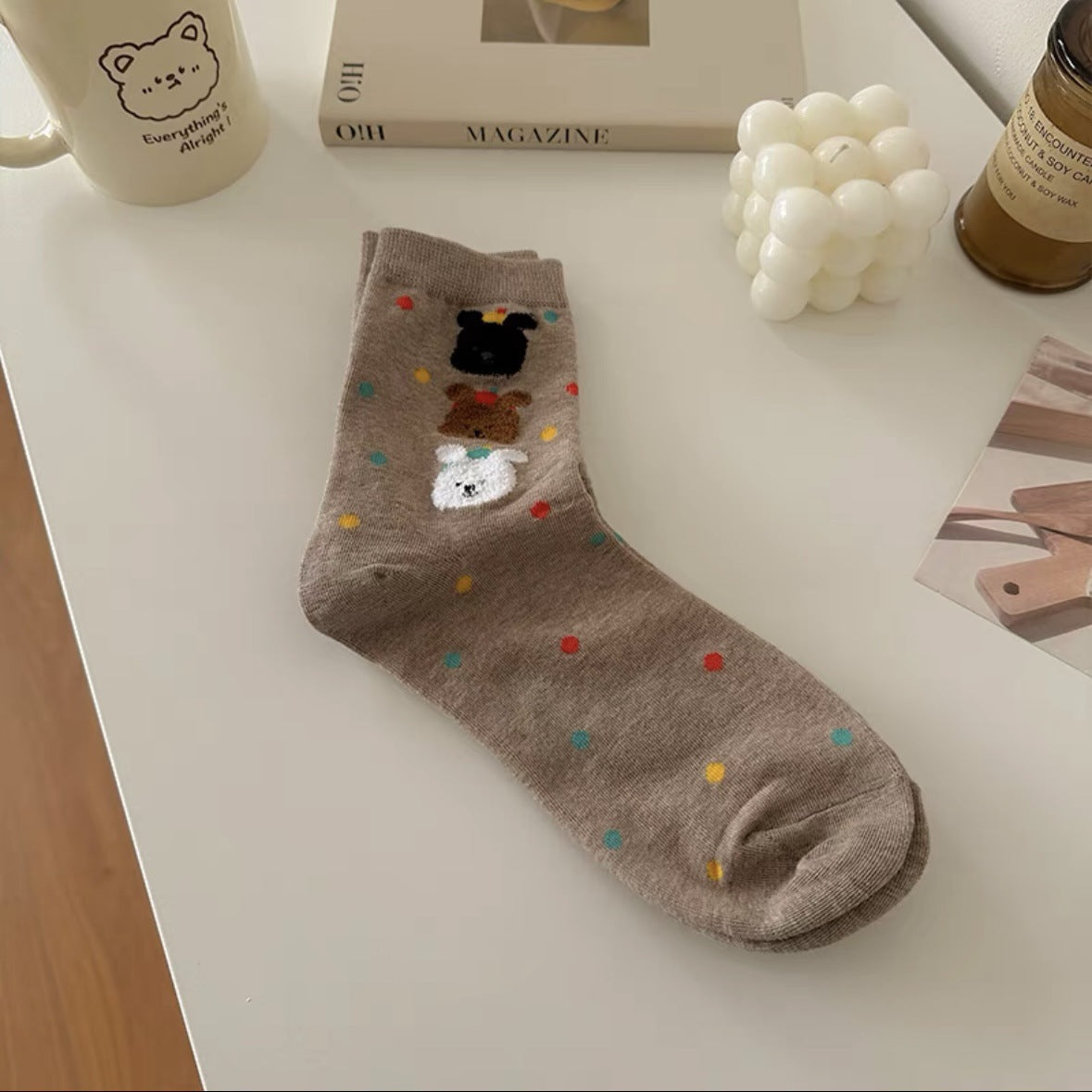 Cute Cotton Polka Dot Bear Crew Socks for Women