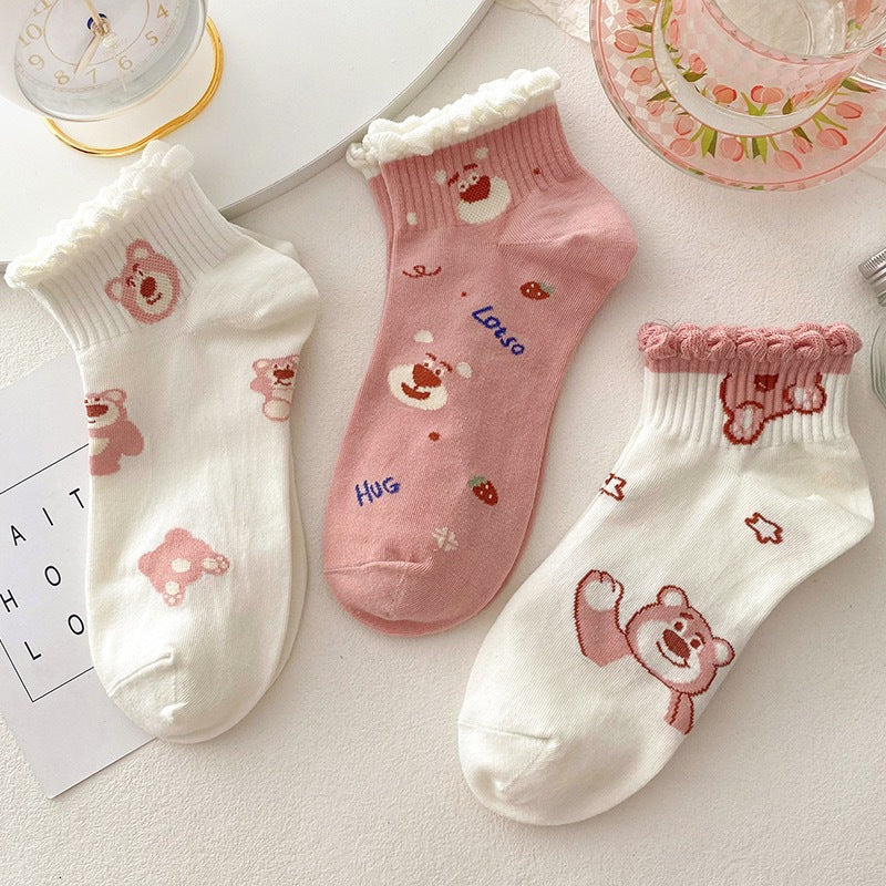 Cute Ruffled Ankle Socks for Women | Pink Strawberry Bear Cotton Socks