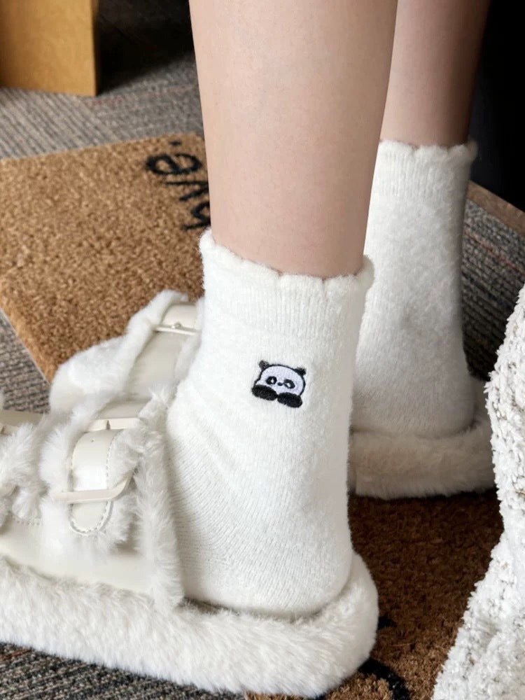 Fuzzy Warm Cozy Crew Socks | Cute Embroidered Winter Lounge Socks