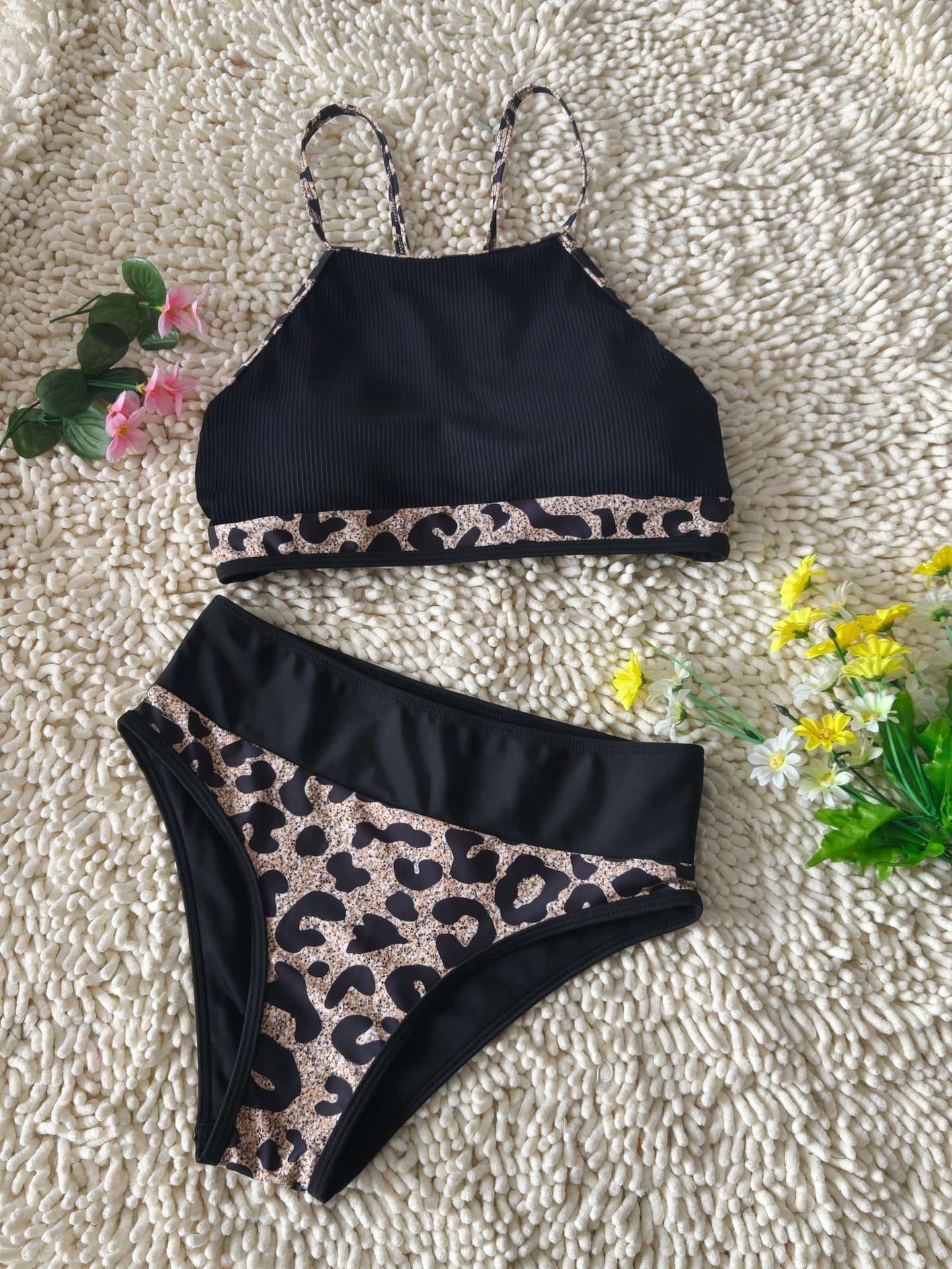 High Waisted Leopard Panel Black Bikini Set | Women's Swimwear