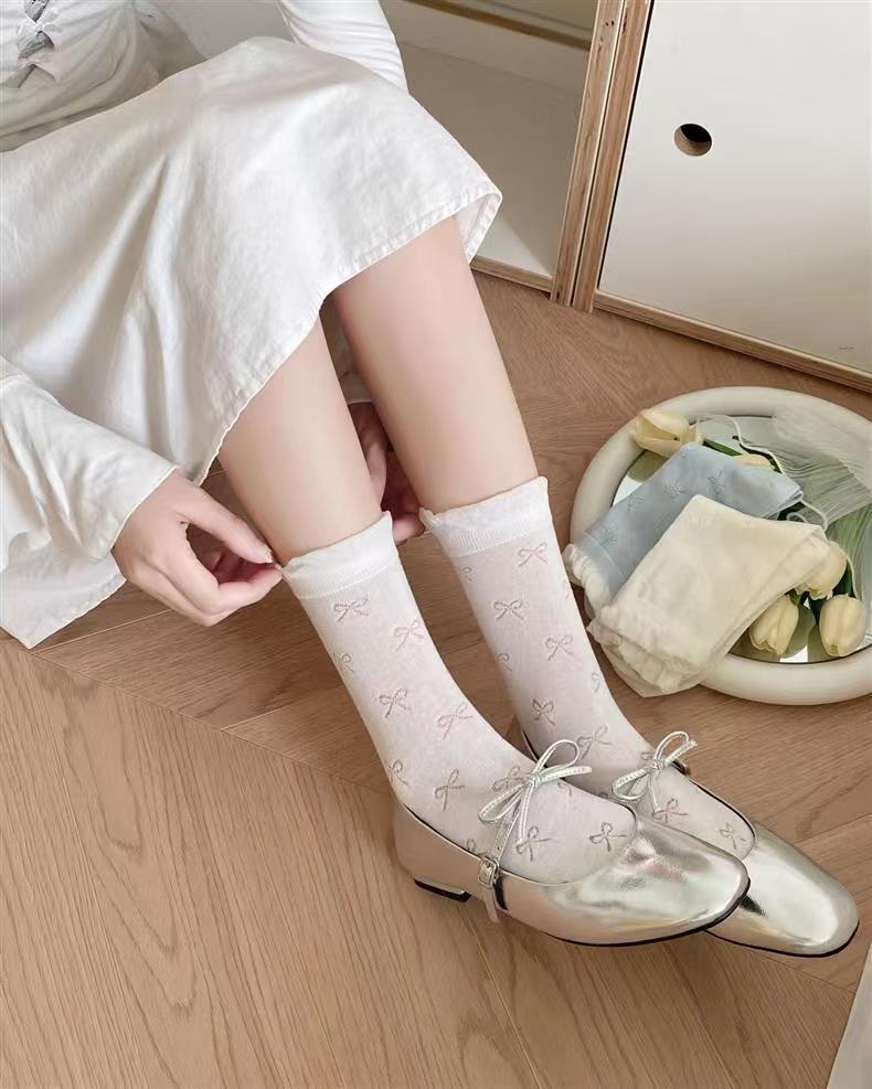 Ruffled Bow Cotton Crew Socks | Balletcore Socks for Women