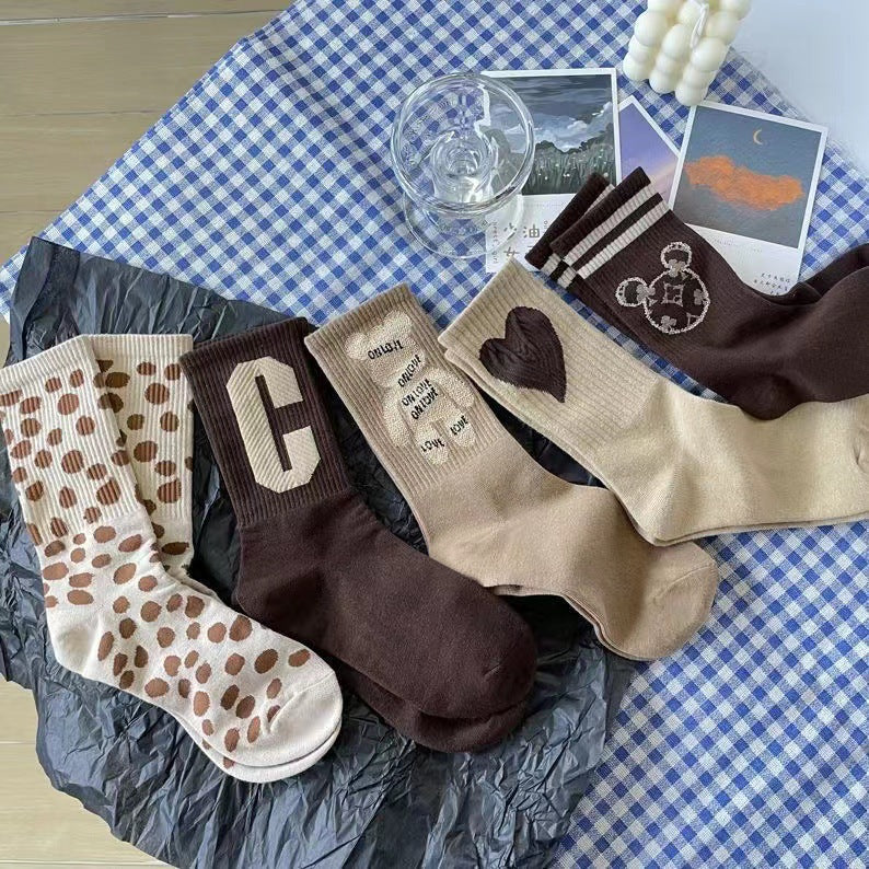 Cute Brown Patterned Crew Socks for Women | Soft Cotton