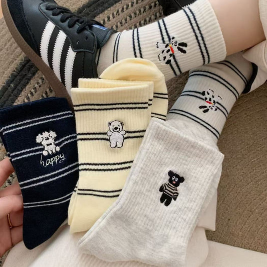 Cute Embroidered Striped Crew Socks for Women