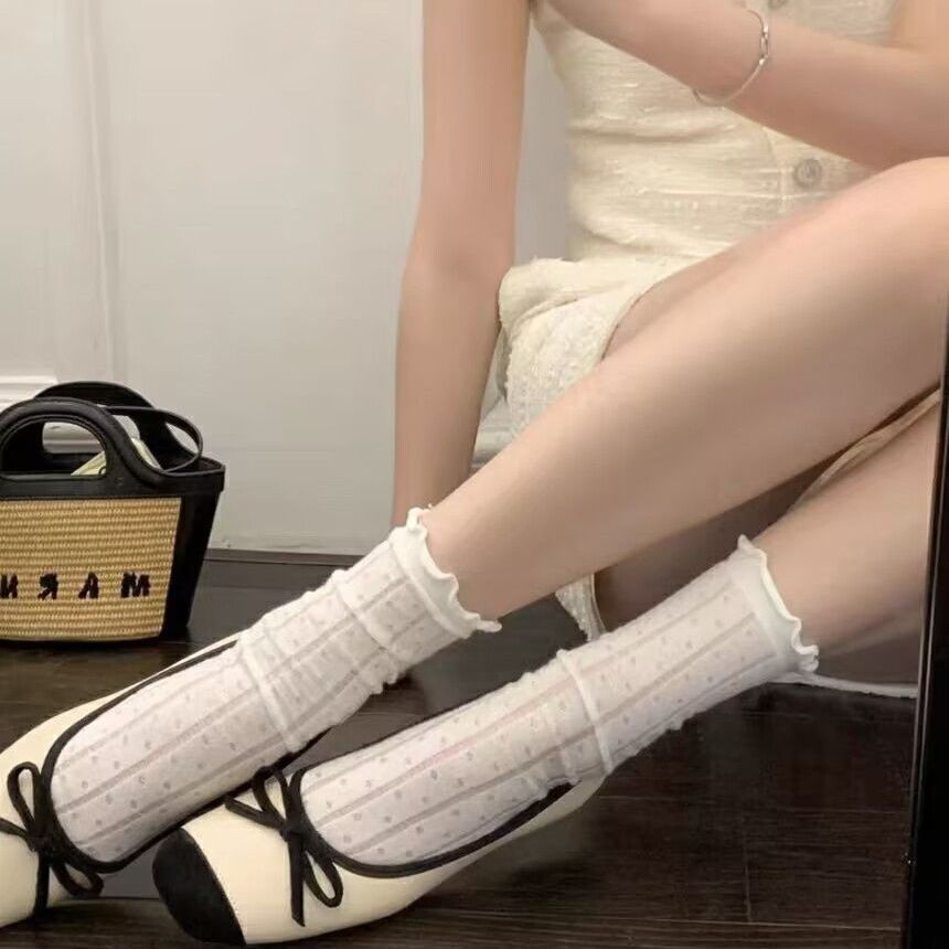 Ruffled Edge Crew Socks | Polka Dot Women's Mid Calf Socks