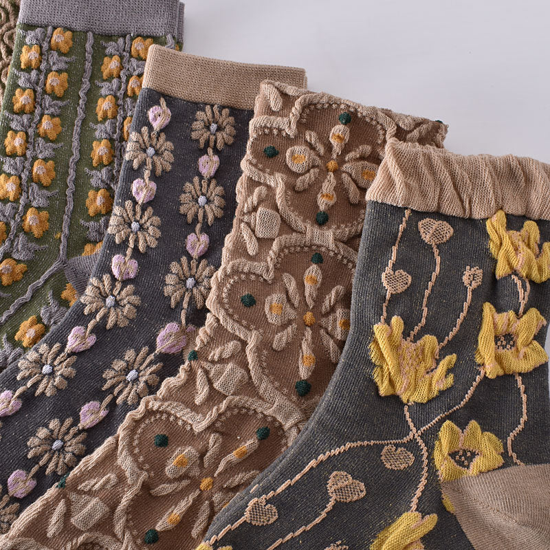 Vintage Floral Crew Socks for Women | Textured Retro Cotton Socks