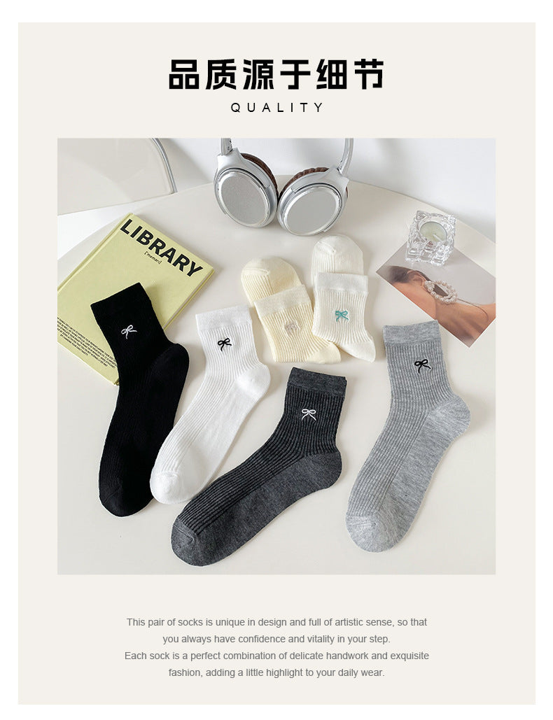 Bow Embroidered Women Ankle Socks | Breathable Cotton Mesh Summer Socks