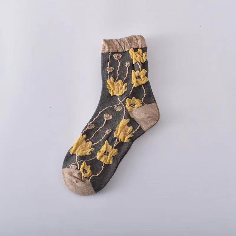 Vintage Floral Crew Socks for Women | Textured Retro Cotton Socks