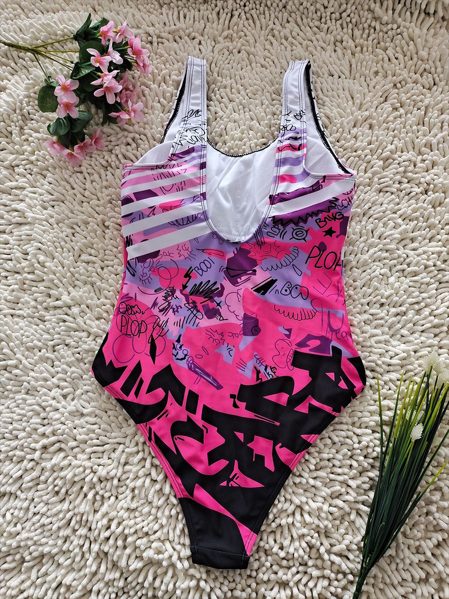 Pink Graffiti Print One-Piece Swimsuit | Sexy Beach Swimwear