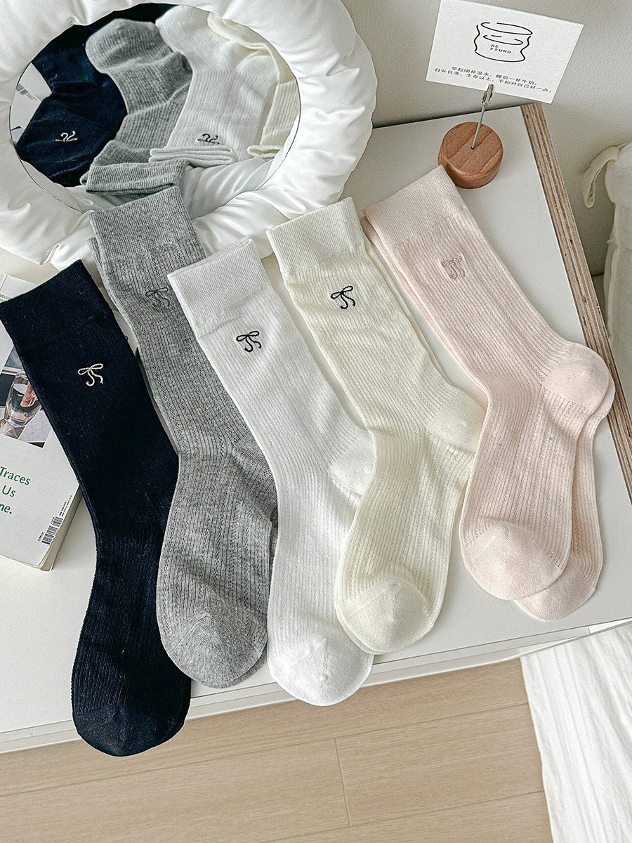 Thin Summer Ballet Bow Cotton Crew Socks for Women