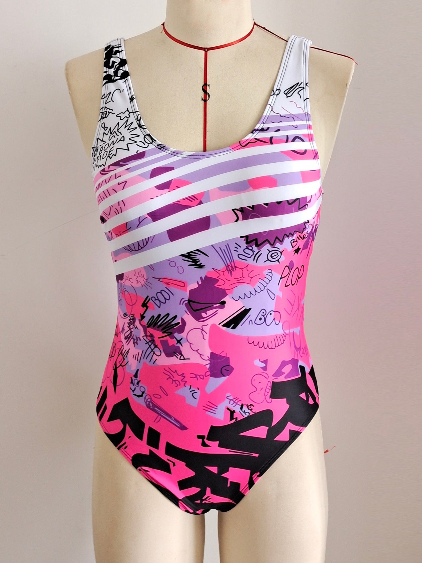 Pink Graffiti Print One-Piece Swimsuit | Sexy Beach Swimwear