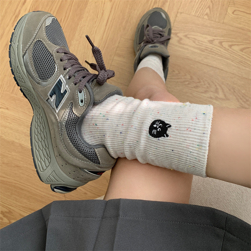 Speckled Embroidered Cotton Crew Socks for Women