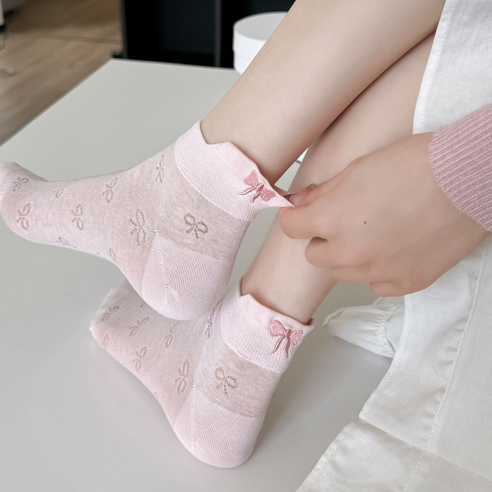 Bow Embroidered Ankle Socks for Women | Breathable Summer Mesh Socks