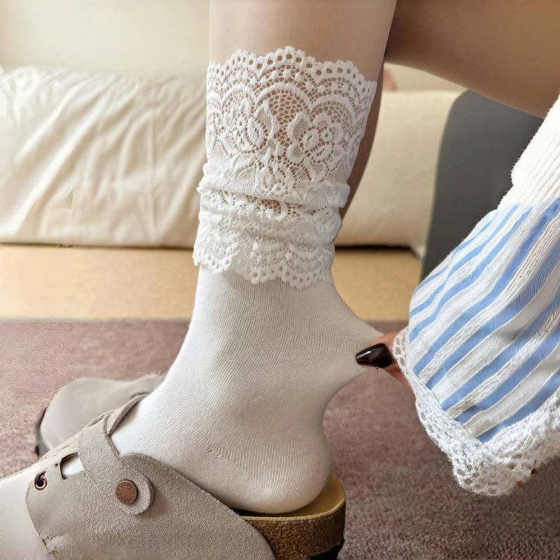 Lace Top Crew Socks for Women | Breathable Thin Mid Calf Socks