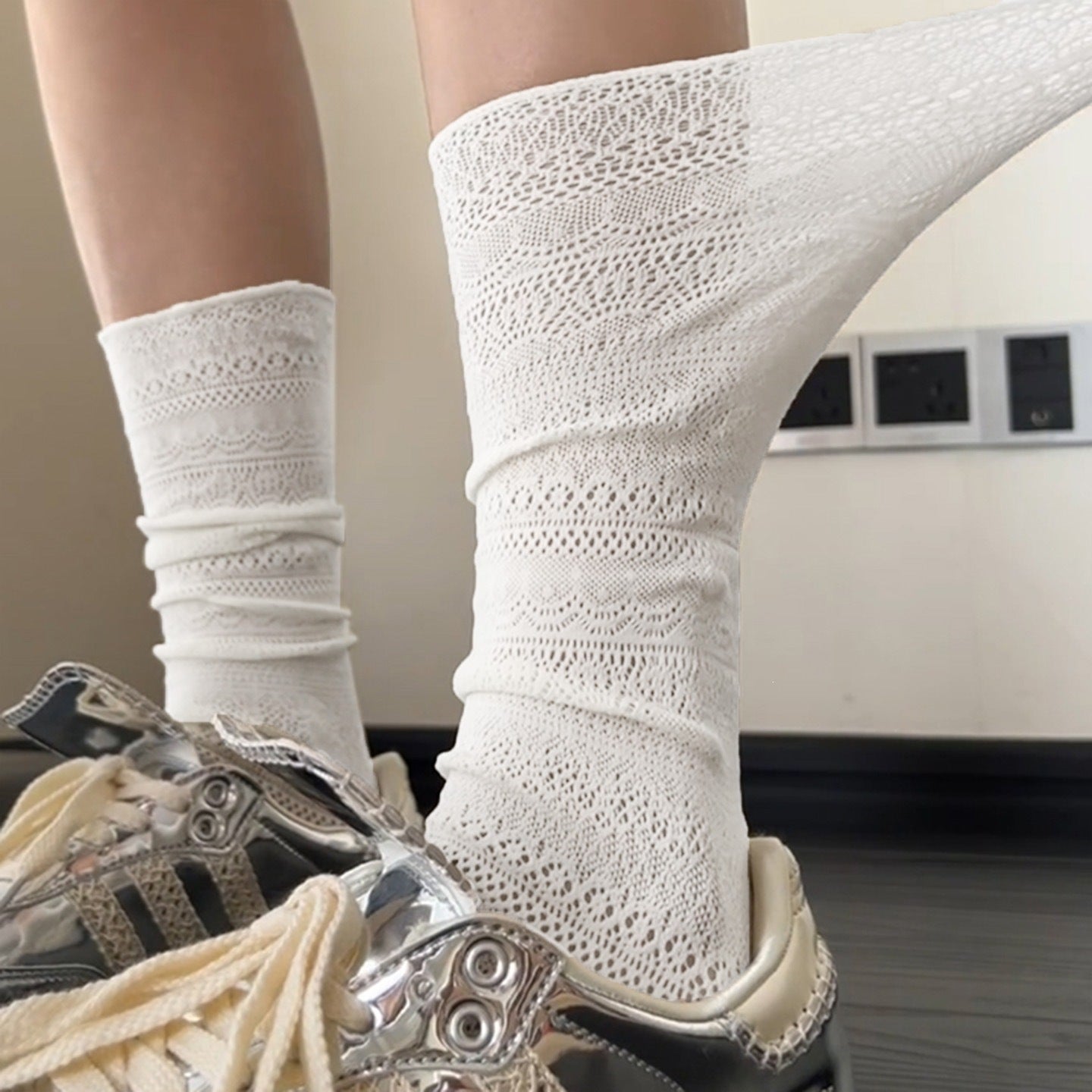 Lace Slouch Crew Socks | Breathable Mesh Ballet Socks for Women