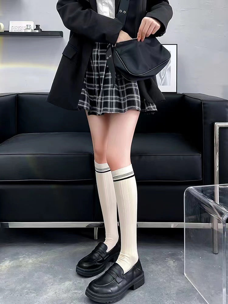 Striped Calf High Socks for Women | Cream Striped Casual Crew