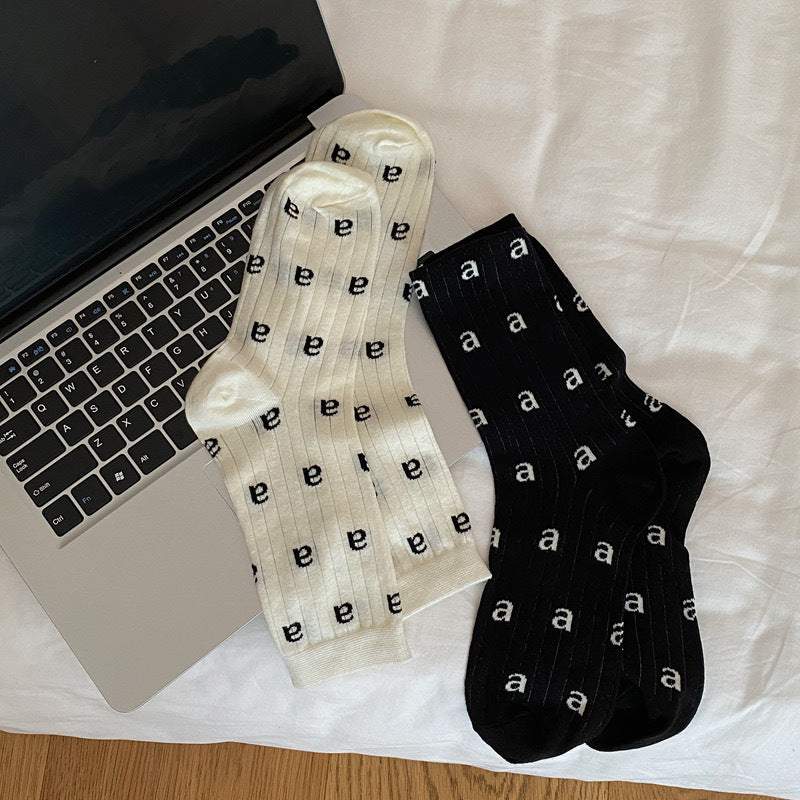 Thin Letter Print Cotton Crew Socks | Casual Socks for Women